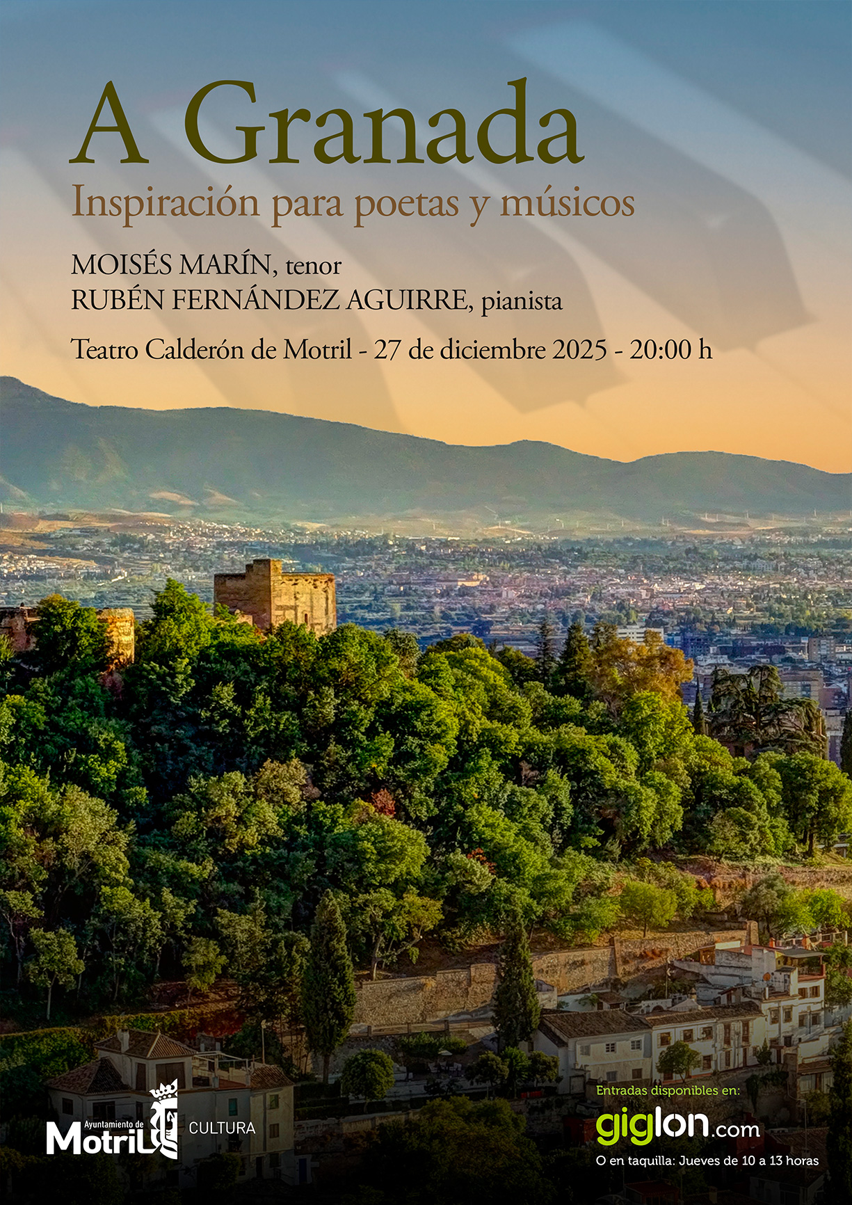 Cartel del concierto lírico “A Granada”, inspirado en poemas y paisajes de la ciudad, que se celebra en el Teatro Calderón de Motril el 27 de diciembre de 2025.