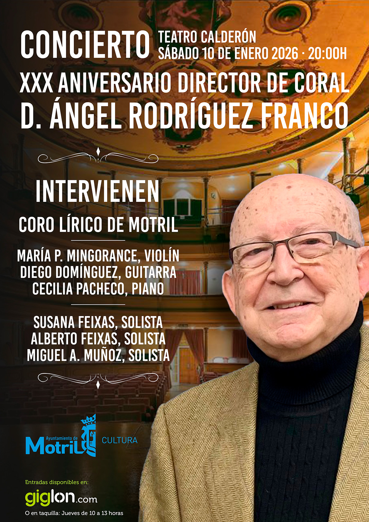 Cartel del concierto por el XXX aniversario en la dirección coral de D. Ángel Rodríguez Franco, con fotografía del director y listado de intérpretes incluyendo el Coro Lírico de Motril, músicos y solistas invitados.