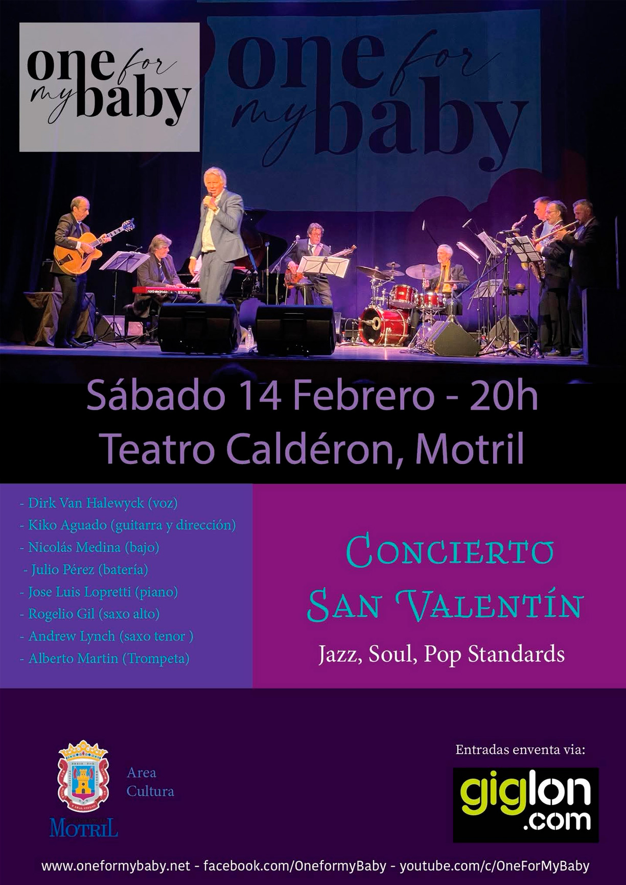 Cartel del concierto San Valentín suena a jazz en Motril, evento cultural del Ayuntamiento de Motril con música jazz, soul y pop.