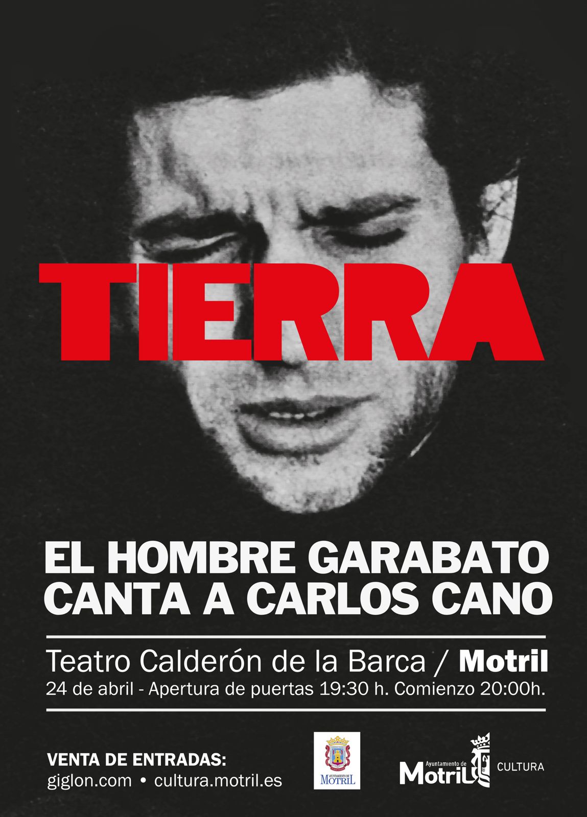 Cartel del concierto Tierra El Hombre Garabato canta a Carlos Cano en Motril