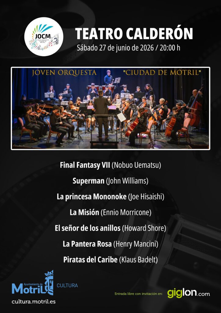 Concierto de la Joven Orquesta Ciudad de Motril interpretando bandas sonoras de cine, animación y videojuegos en el Teatro Calderón de Motril.