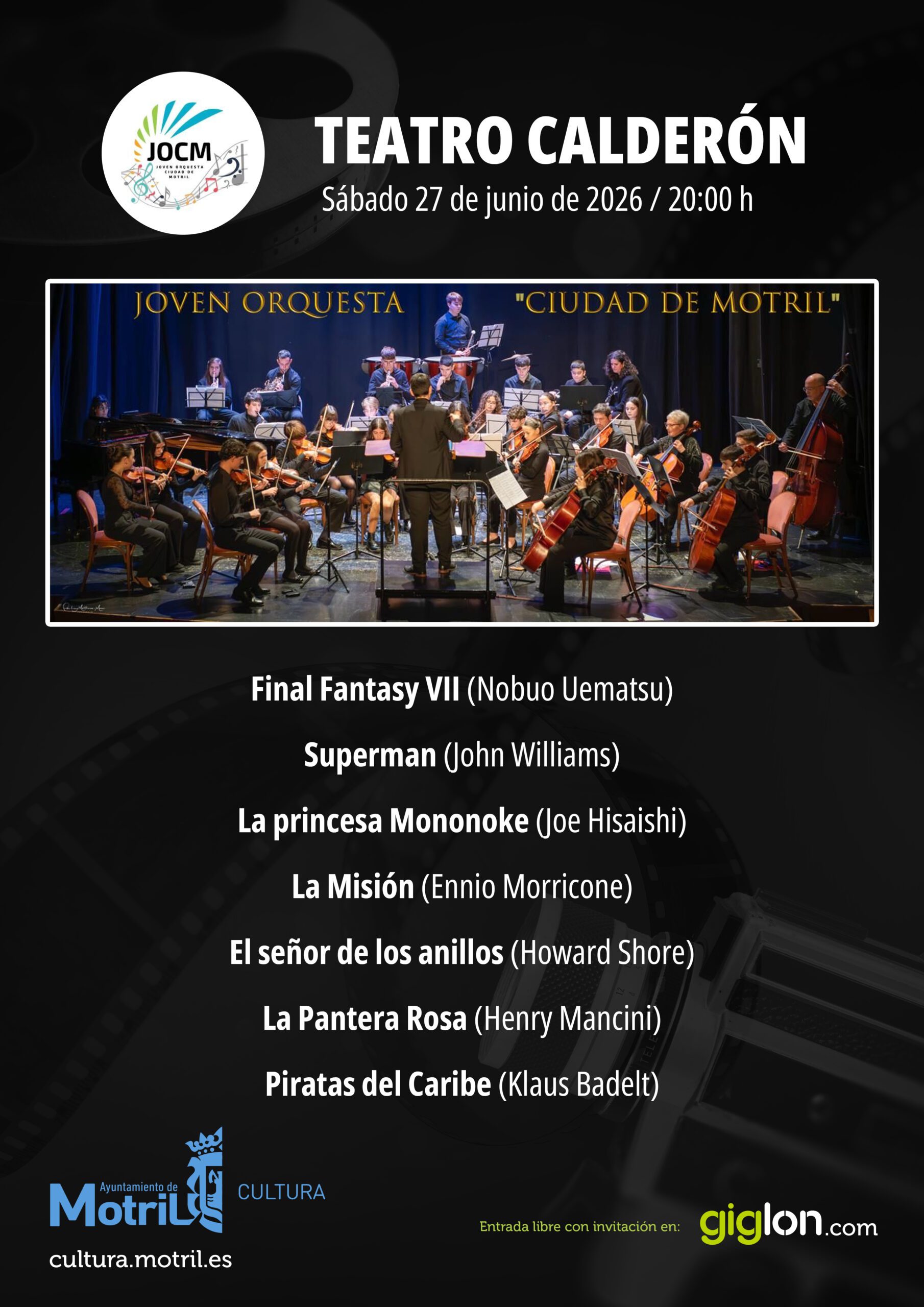 Concierto de la Joven Orquesta Ciudad de Motril interpretando bandas sonoras de cine, animación y videojuegos en el Teatro Calderón de Motril.