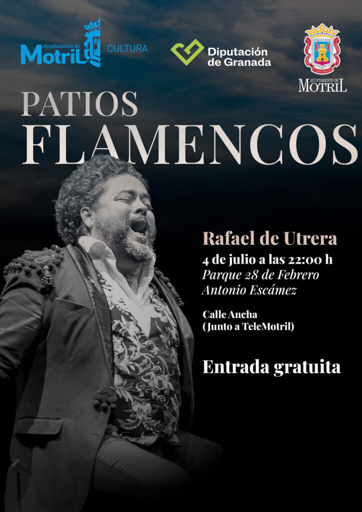Cartel de Rafael de Utrera para el ciclo Patios Flamencos de Motril con fotografía del cantaor durante una actuación flamenca.