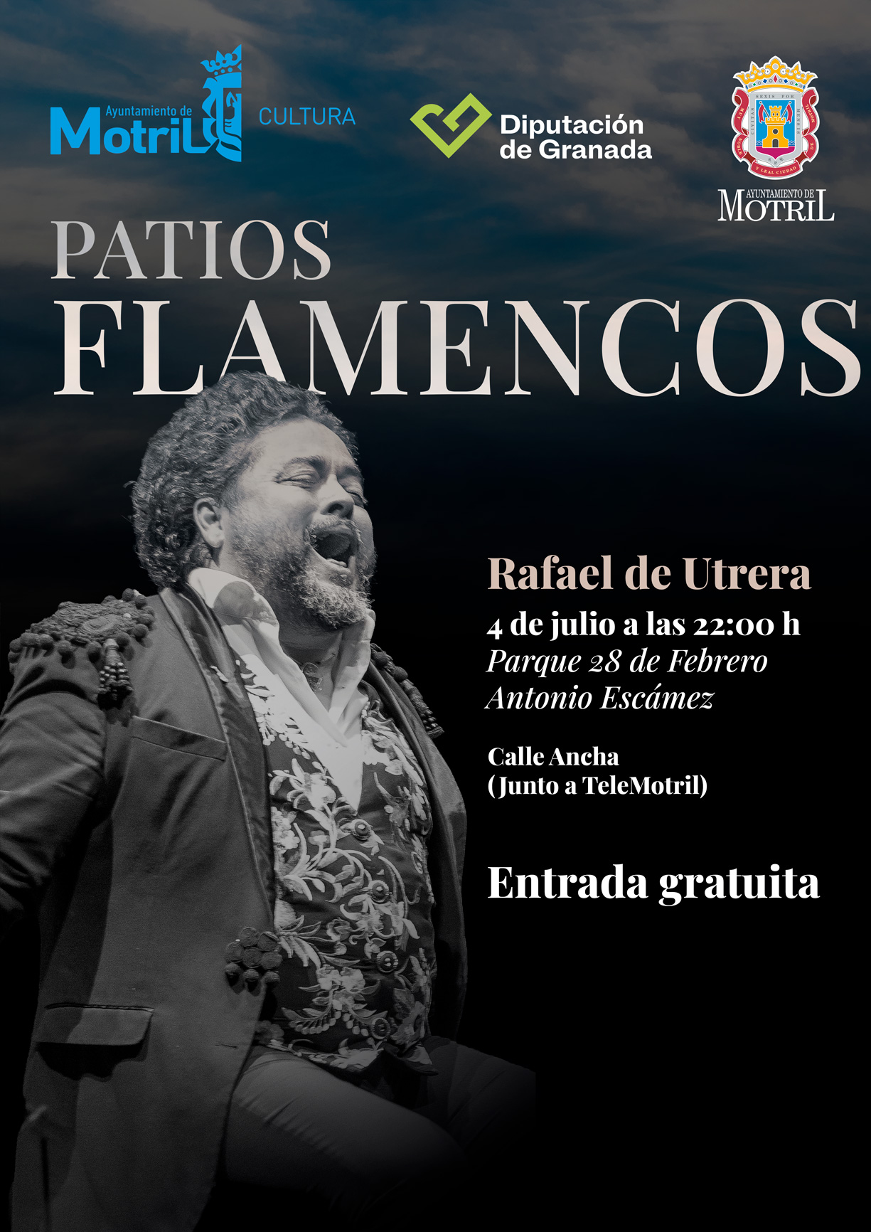 Cartel de Rafael de Utrera para el ciclo Patios Flamencos de Motril con fotografía del cantaor durante una actuación flamenca.