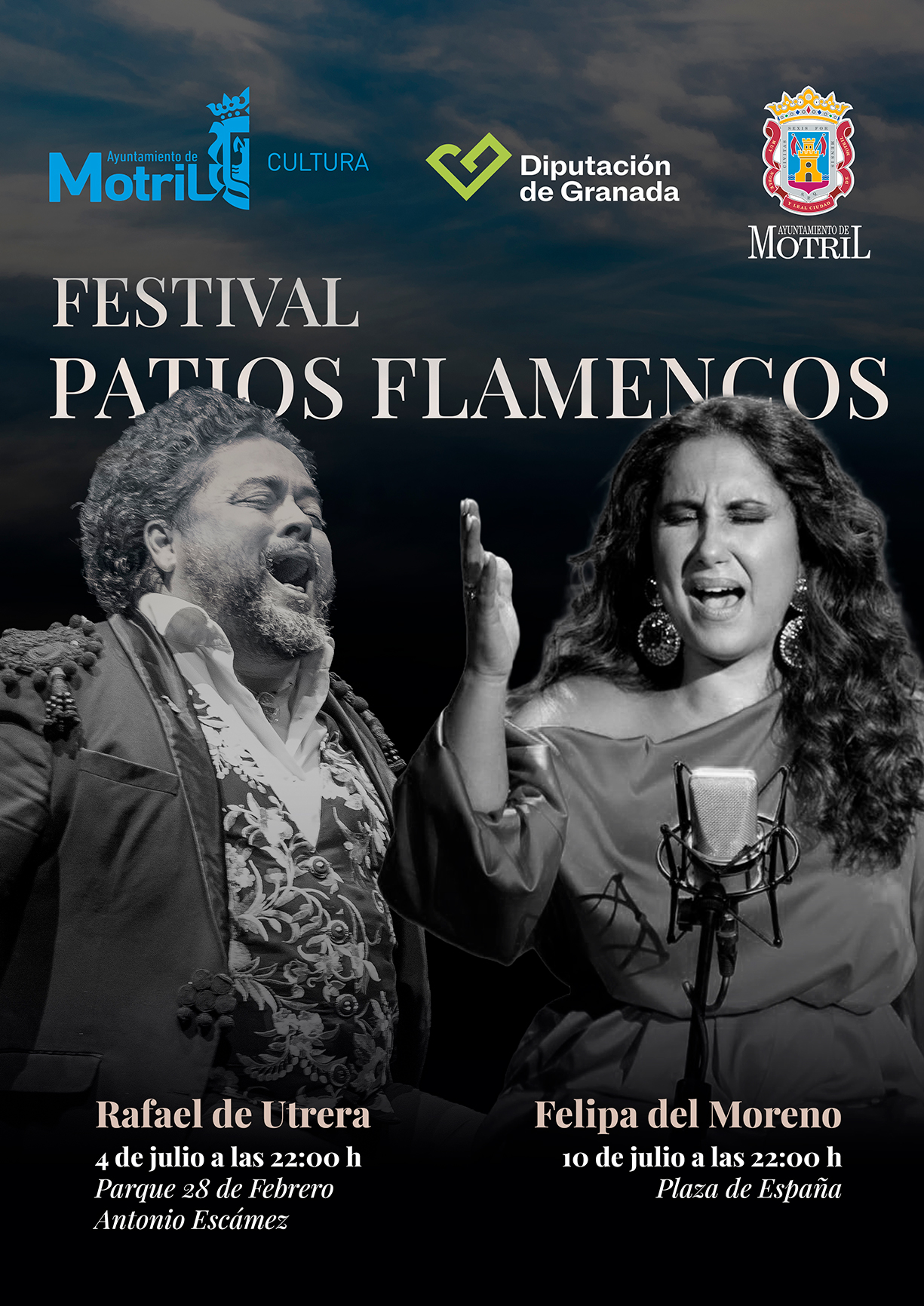 Cartel del Festival Patios Flamencos de Motril con las actuaciones de Rafael de Utrera y Felipa del Moreno.