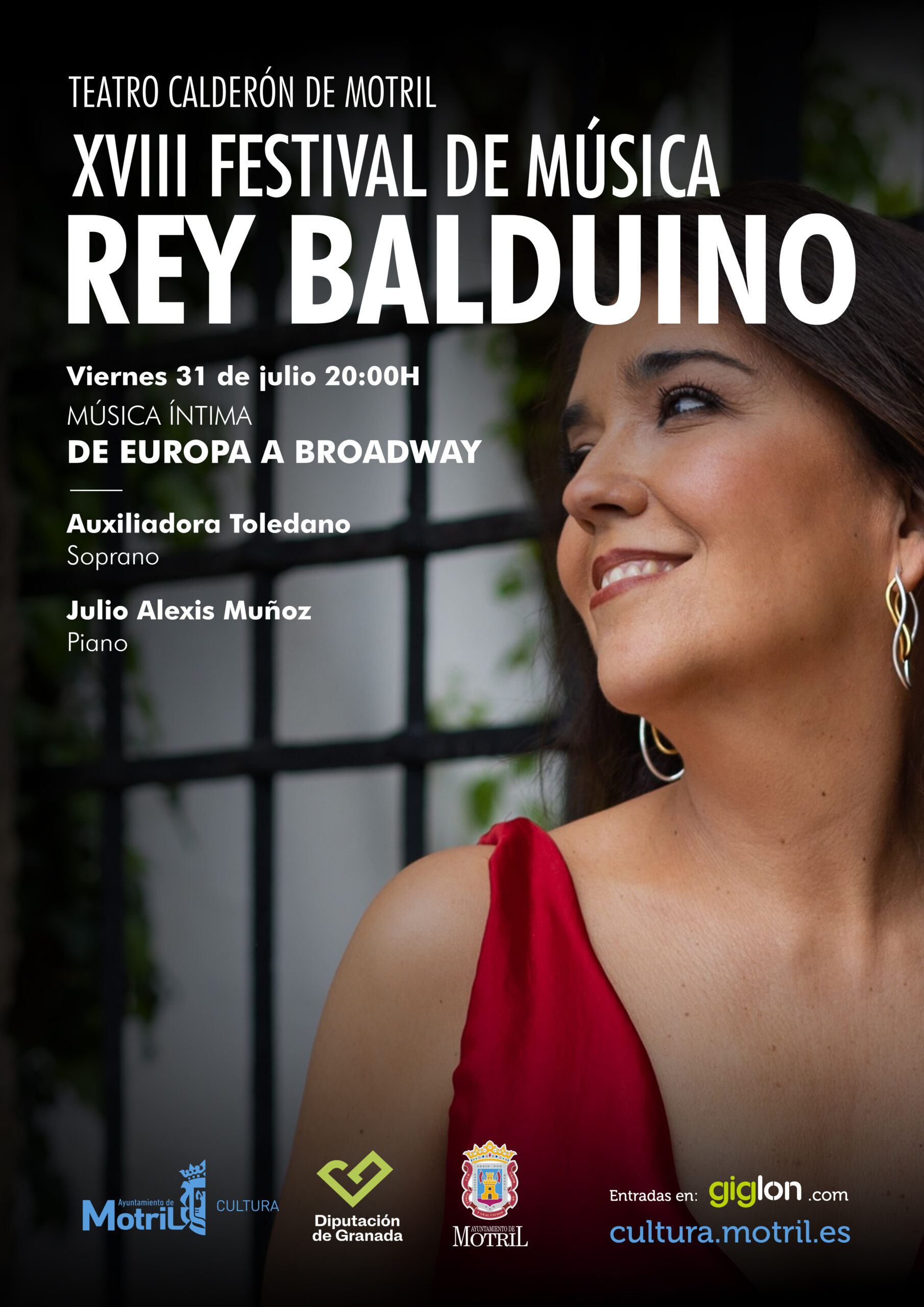 Cartel del XVIII Festival de Música Rey Balduino con Auxiliadora Toledano y el recital Música íntima: De Europa a Broadway en Motril.