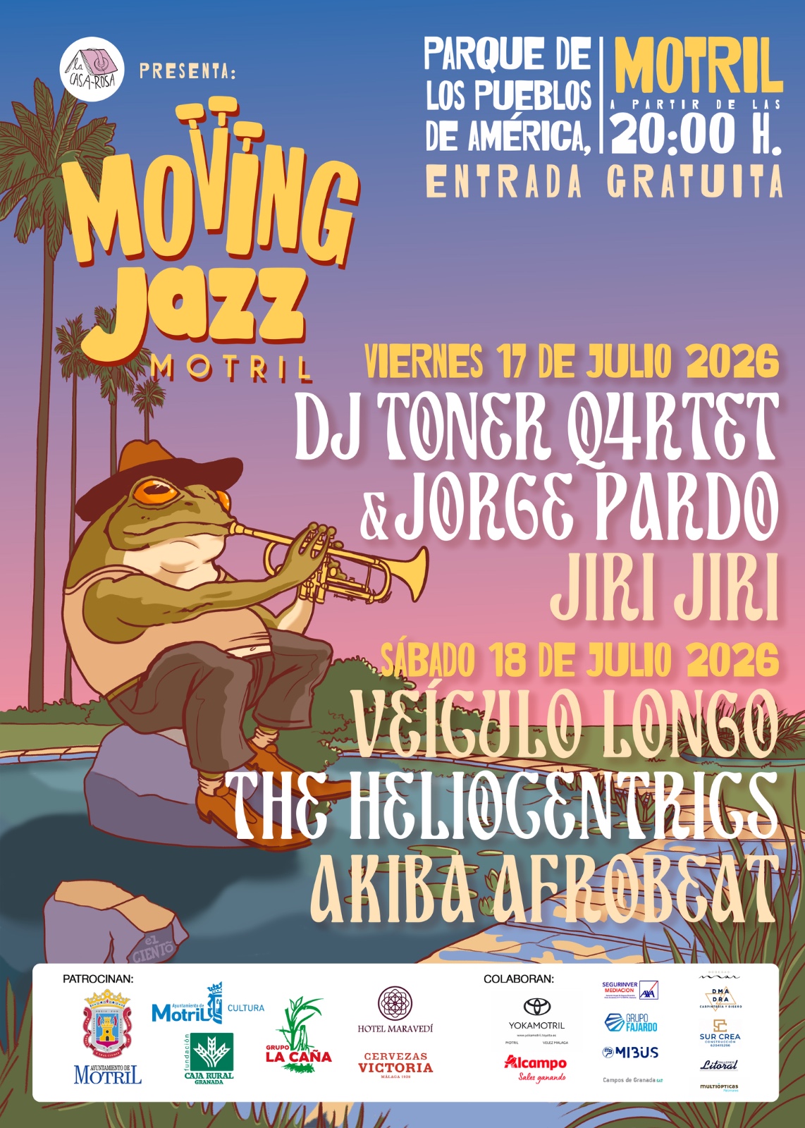 Cartel oficial del festival Moving Jazz Motril con la programación de conciertos celebrados en el Parque de los Pueblos de América.