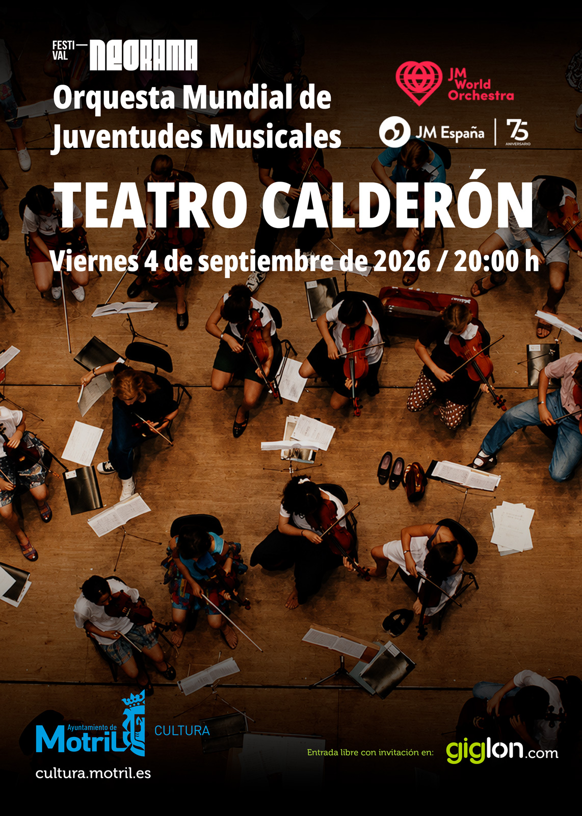 Cartel de la Orquesta Mundial de Juventudes Musicales en el Teatro Calderón de Motril dentro del Festival Neorama.